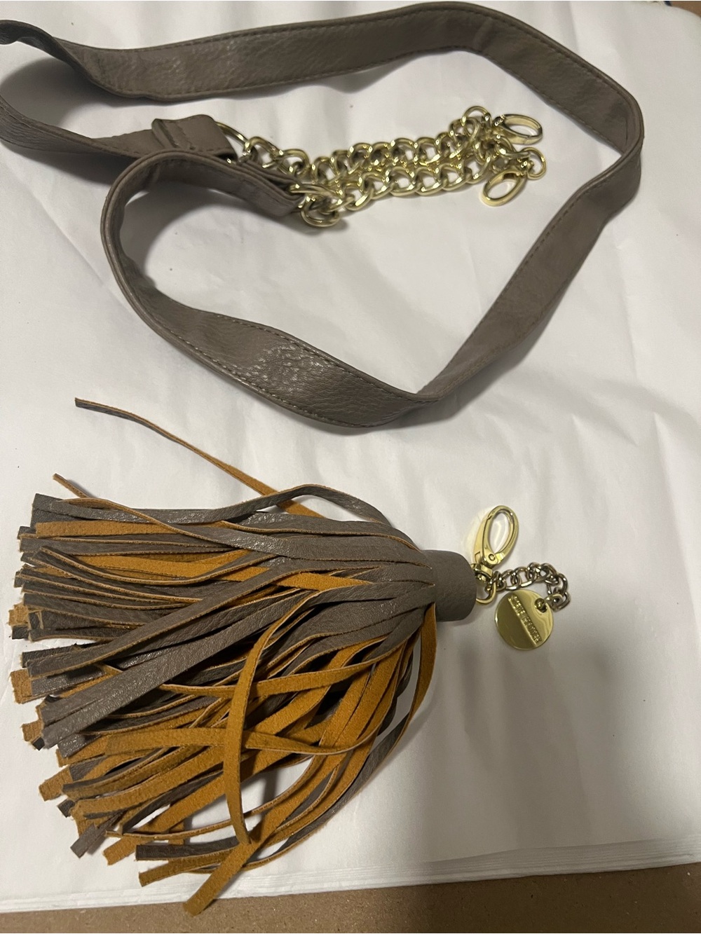 Steve Madden Taupe and Mustard Leather Tassel Bag Charm with Gold Chain